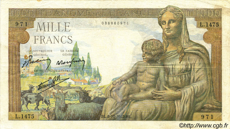 1000 Francs DÉESSE DÉMÉTER FRANCE  1942 F.40.08 F