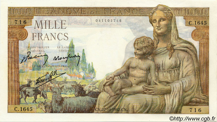 1000 Francs DÉESSE DÉMÉTER FRANCE  1942 F.40.09 XF