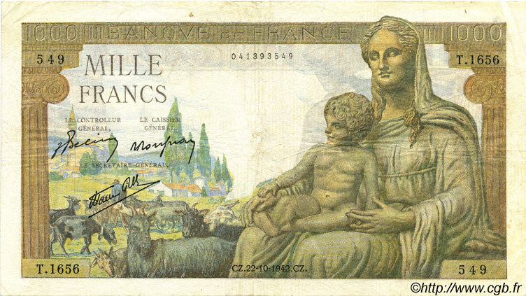 1000 Francs DÉESSE DÉMÉTER FRANCIA  1942 F.40.09 MBC