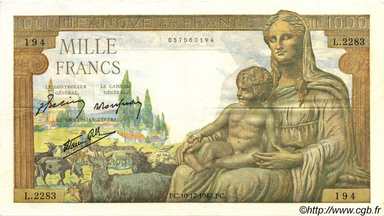 1000 Francs DÉESSE DÉMÉTER FRANCE  1942 F.40.13 VF+
