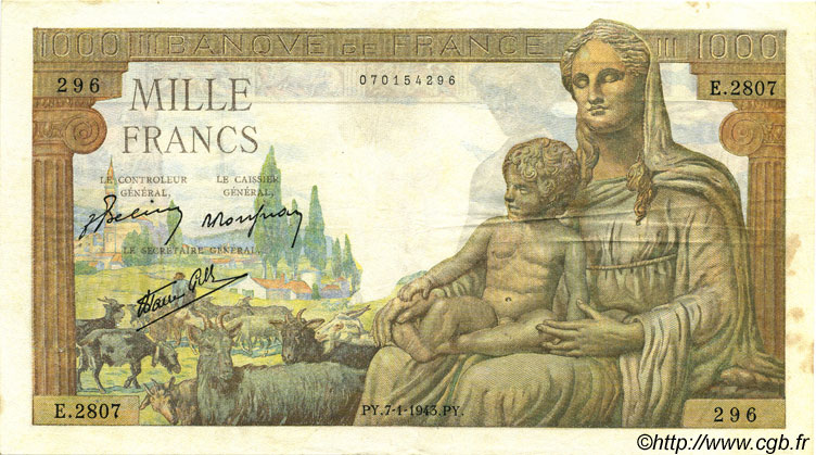 1000 Francs DÉESSE DÉMÉTER FRANCE  1943 F.40.15 VF