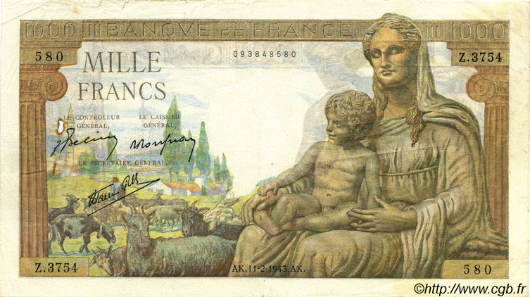 1000 Francs DÉESSE DÉMÉTER FRANKREICH  1943 F.40.18 SS