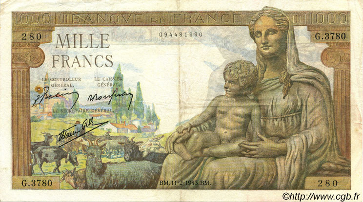 1000 Francs DÉESSE DÉMÉTER FRANCE  1943 F.40.18 VF
