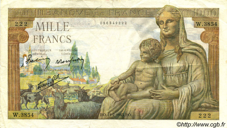 1000 Francs DÉESSE DÉMÉTER FRANCIA  1943 F.40.18 BC
