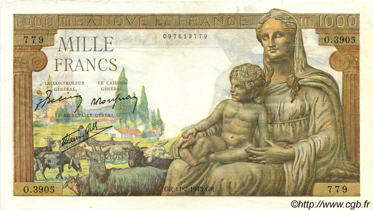 1000 Francs DÉESSE DÉMÉTER FRANCIA  1943 F.40.18 MBC