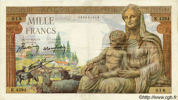 1000 Francs DÉESSE DÉMÉTER FRANKREICH  1943 F.40.20 SS