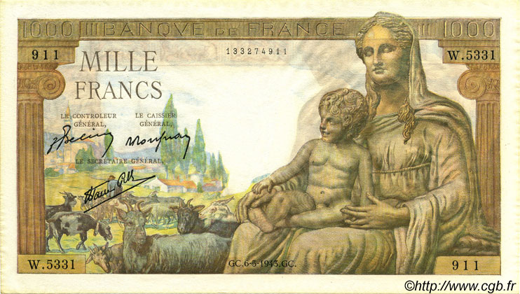 1000 Francs DÉESSE DÉMÉTER FRANCIA  1943 F.40.23 EBC