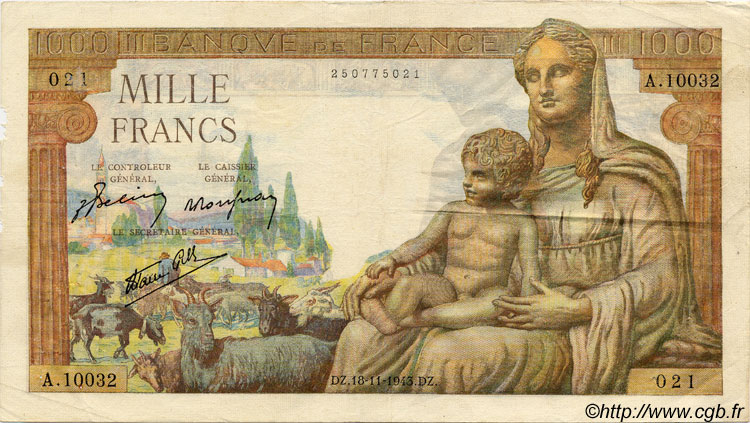 1000 Francs DÉESSE DÉMÉTER FRANCE  1943 F.40.40 VF