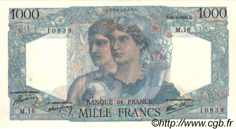 1000 Francs MINERVE ET HERCULE FRANKREICH  1945 F.41.02 fVZ to VZ