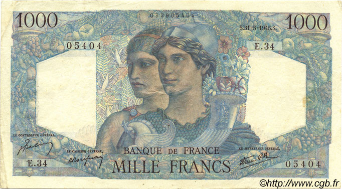 1000 Francs MINERVE ET HERCULE FRANKREICH  1945 F.41.03 fVZ