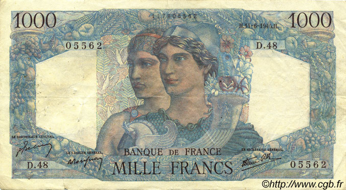 1000 Francs MINERVE ET HERCULE FRANCIA  1945 F.41.04 MBC