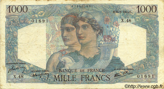 1000 Francs MINERVE ET HERCULE FRANCE  1945 F.41.04 F+
