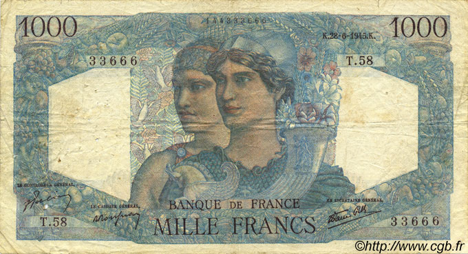 1000 Francs MINERVE ET HERCULE FRANCIA  1945 F.41.05 q.MB