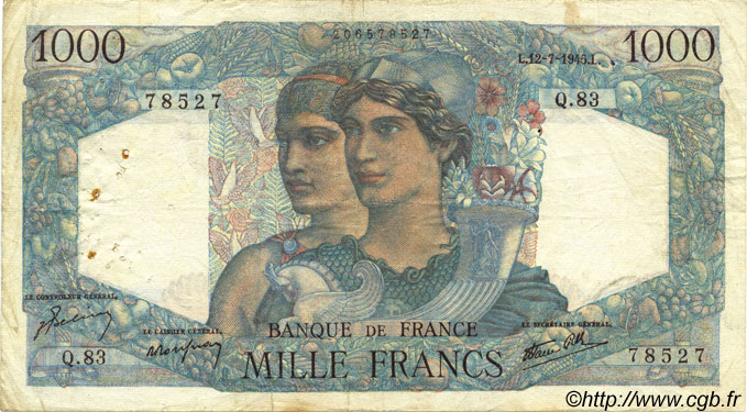 1000 Francs MINERVE ET HERCULE FRANKREICH  1945 F.41.06 S