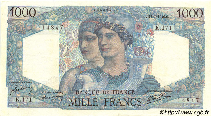 1000 Francs MINERVE ET HERCULE FRANKREICH  1946 F.41.10 VZ to fST
