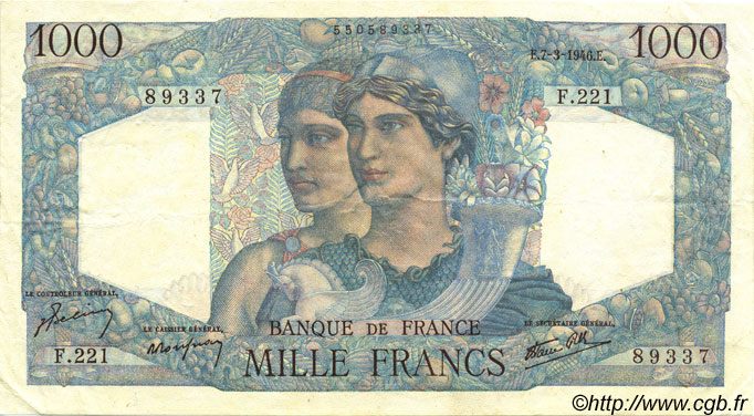 1000 Francs MINERVE ET HERCULE FRANKREICH  1946 F.41.10 VZ