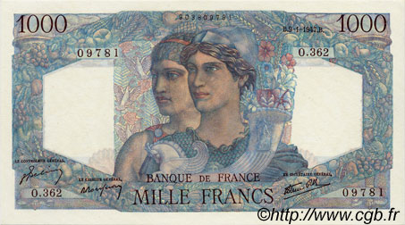1000 Francs MINERVE ET HERCULE FRANCIA  1947 F.41.18 AU