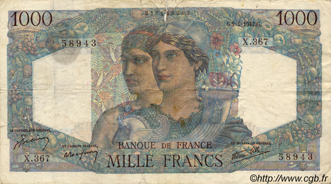 1000 Francs MINERVE ET HERCULE FRANCE  1947 F.41.18 F-