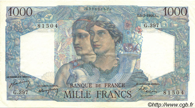 1000 Francs MINERVE ET HERCULE FRANCE  1948 F.41.20 XF - AU