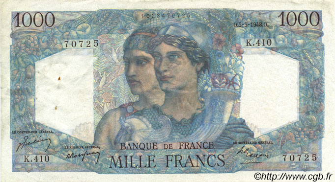1000 Francs MINERVE ET HERCULE FRANKREICH  1948 F.41.20 fVZ