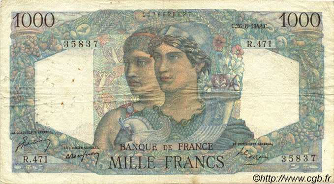 1000 Francs MINERVE ET HERCULE FRANKREICH  1948 F.41.23 S