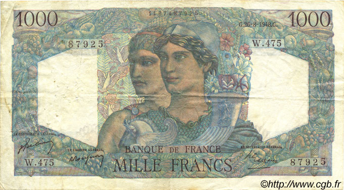 1000 Francs MINERVE ET HERCULE FRANCE  1948 F.41.23 F