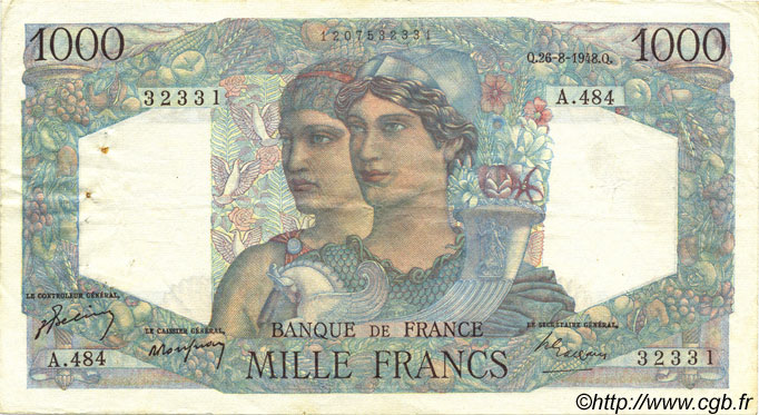 1000 Francs MINERVE ET HERCULE FRANCIA  1948 F.41.23 BB