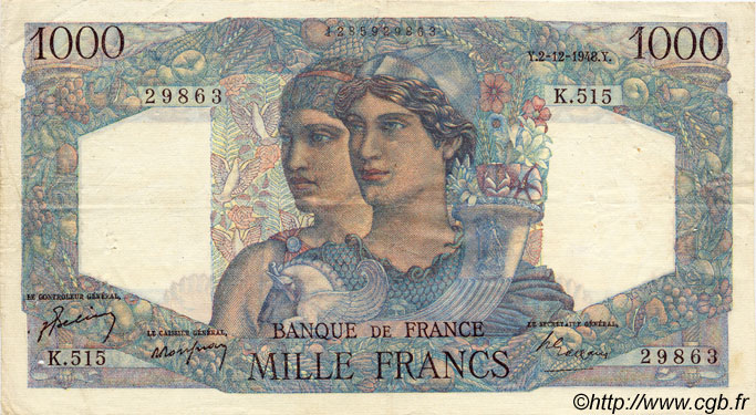 1000 Francs MINERVE ET HERCULE FRANCIA  1948 F.41.24 MBC