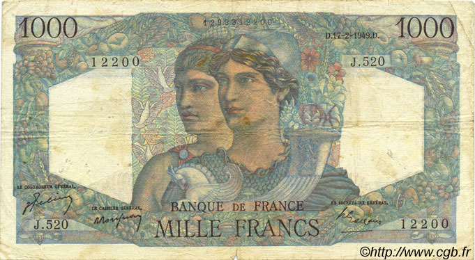 1000 Francs MINERVE ET HERCULE FRANCE  1949 F.41.25 pr.TB
