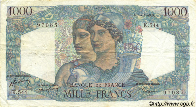 1000 Francs MINERVE ET HERCULE FRANKREICH  1949 F.41.26 S