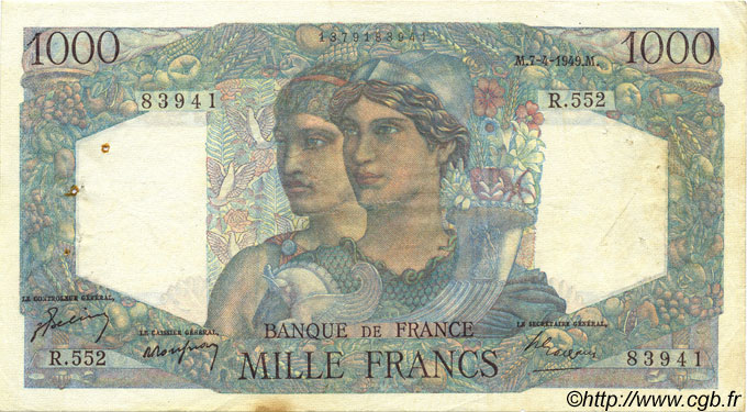 1000 Francs MINERVE ET HERCULE FRANKREICH  1949 F.41.26 fVZ
