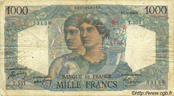1000 Francs MINERVE ET HERCULE FRANCE  1949 F.41.26 VG