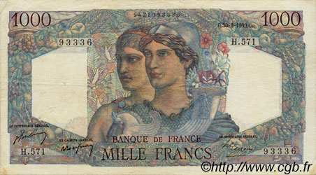 1000 Francs MINERVE ET HERCULE FRANCE  1949 F.41.27 VF-