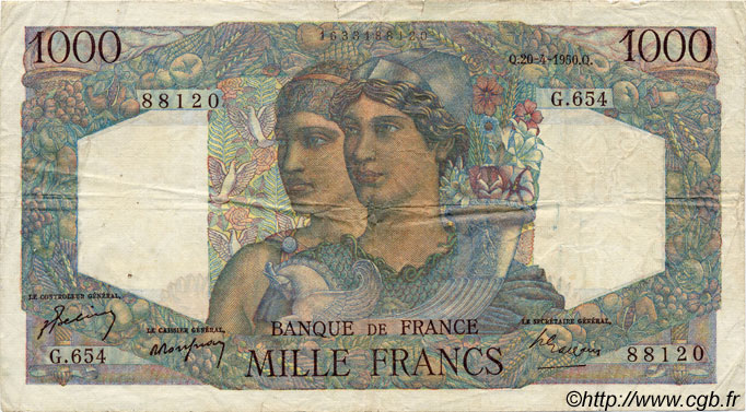 1000 Francs MINERVE ET HERCULE FRANKREICH  1950 F.41.32 fSS