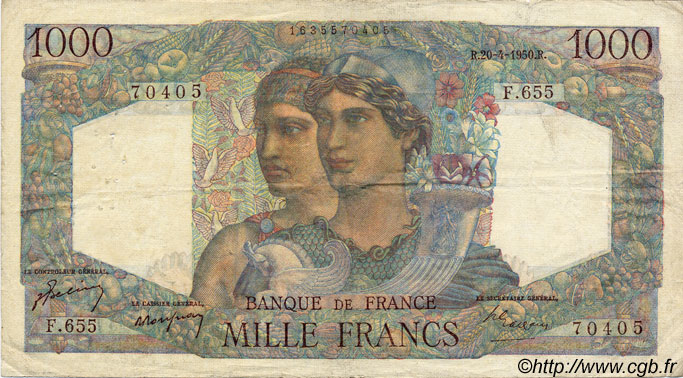 1000 Francs MINERVE ET HERCULE FRANKREICH  1950 F.41.32 SS