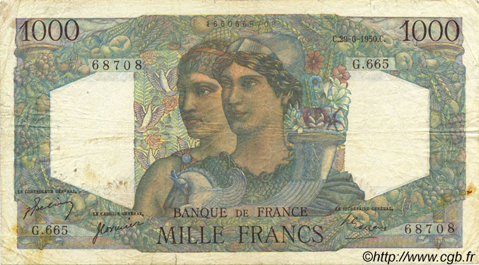 1000 Francs MINERVE ET HERCULE FRANCE  1950 F.41.33 F+
