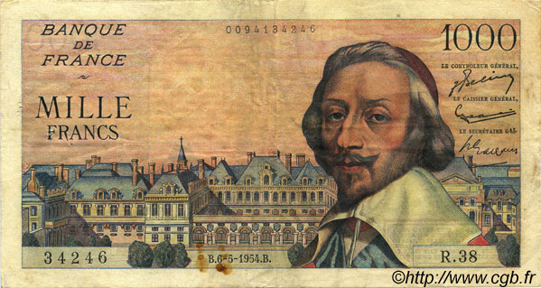 1000 Francs RICHELIEU FRANCIA  1954 F.42.05 q.BB