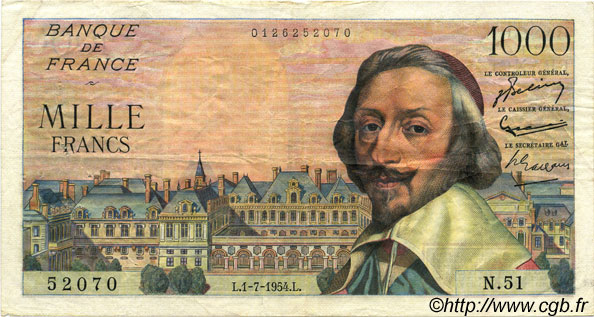 1000 Francs RICHELIEU FRANCE  1954 F.42.06 VF-