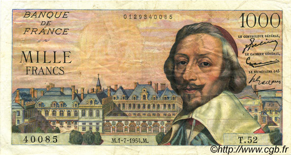 1000 Francs RICHELIEU FRANCE  1954 F.42.06 VF