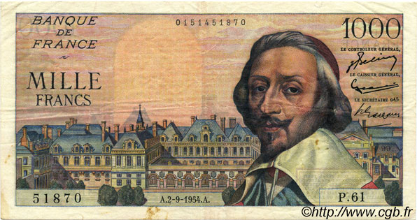 1000 Francs RICHELIEU FRANCIA  1954 F.42.07 BC+