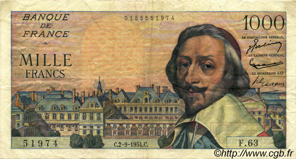 1000 Francs RICHELIEU FRANKREICH  1954 F.42.07 SS