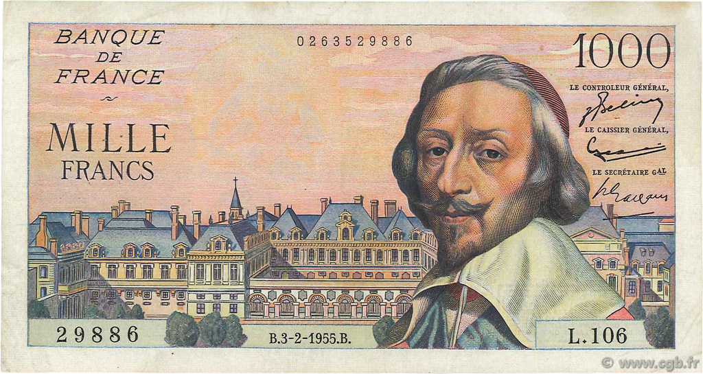 1000 Francs RICHELIEU FRANCE  1955 F.42.10 VF+