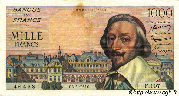 1000 Francs RICHELIEU FRANCIA  1955 F.42.10 MBC