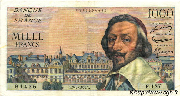 1000 Francs RICHELIEU FRANCE  1955 F.42.11 XF-
