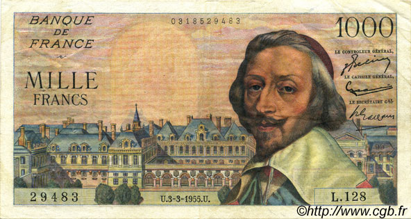 1000 Francs RICHELIEU FRANCIA  1955 F.42.11 MBC