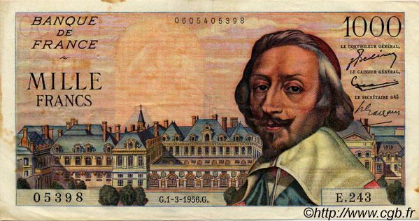 1000 Francs RICHELIEU FRANCE  1956 F.42.19 VF+