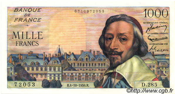 1000 Francs RICHELIEU FRANCIA  1956 F.42.22 EBC+ a SC