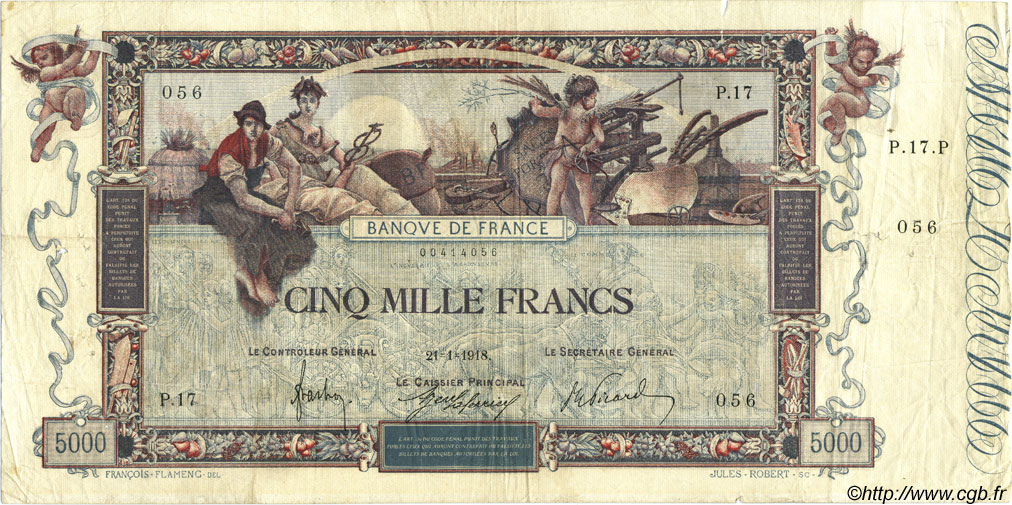 5000 Francs FLAMENG FRANKREICH  1918 F.43.01 S