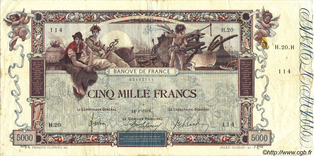5000 Francs FLAMENG FRANCE  1918 F.43.01 TB