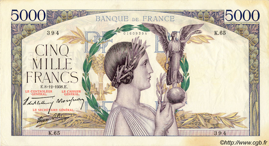 5000 Francs VICTOIRE Impression à plat FRANCE  1938 F.46.01 VF